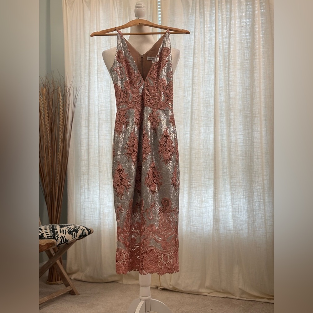 Dress the Population Angela Pink Sequin & Lace Dress XS Wedding Guest Cocktail